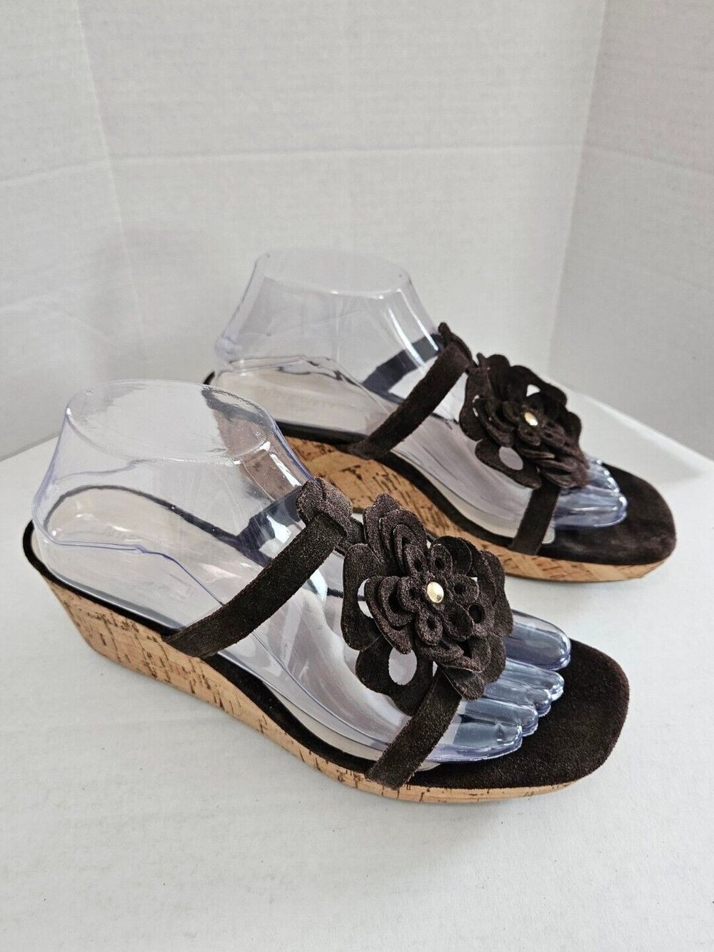 Nine West Brown Suede And Cork Thong Wedge Sandals Strappy With Flower Size 9